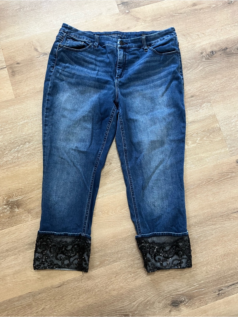 Chico's Dark Blue Cropped Jeans with Black Lace Cuffs